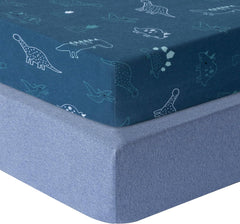 100% Cotton Jersey Fitted Cot Sheet Pack of 2 - Denim Blue & Dino - Soft & Breathable Baby Bedding – Fits 140x70cm & 120x60cm Cots