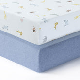 100% Cotton Jersey Fitted Cot Sheet Pack of 2 - Denim Blue & Animal Print - Soft & Breathable Baby Bedding – Fits 140x70cm & 120x60cm Cots