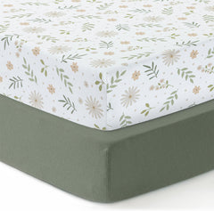 100% Cotton Jersey Fitted Cot Sheet Pack of 2 - Green & Flowers Print - Soft & Breathable Baby Bedding – Fits 140x70cm & 120x60cm Cots