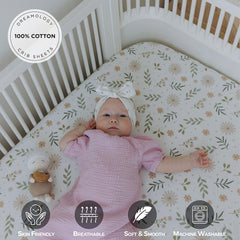 100% Cotton Jersey Fitted Cot Sheet Pack of 2 - Green & Flowers Print - Soft & Breathable Baby Bedding – Fits 140x70cm & 120x60cm Cots