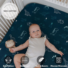 100% Cotton Jersey Fitted Cot Sheet Pack of 2 - Denim Blue & Dino - Soft & Breathable Baby Bedding – Fits 140x70cm & 120x60cm Cots