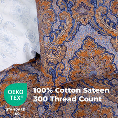 100% Cotton Sateen Printed Duvet Cover Set - 300 Thread Count Luxury Bedding - Ultra Soft & Breathable - 18493