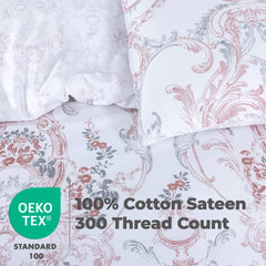 100% Cotton Sateen Printed Duvet Cover Set - 300 Thread Count Luxury Bedding - Ultra Soft & Breathable - 14121
