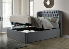 Warwick Grey Velvet Fabric Winged Ottoman Bed