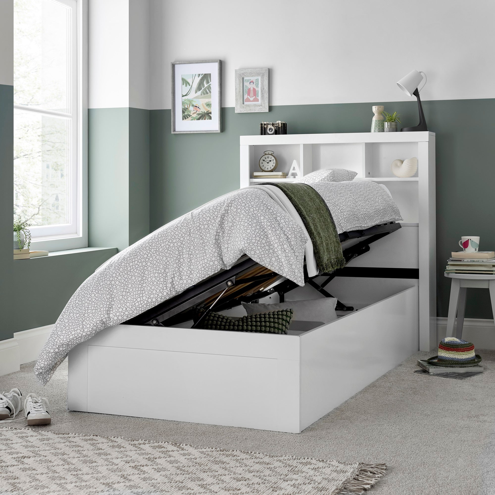 Oscar White Wooden Bookcase Ottoman Storage Bed - 3FT Single