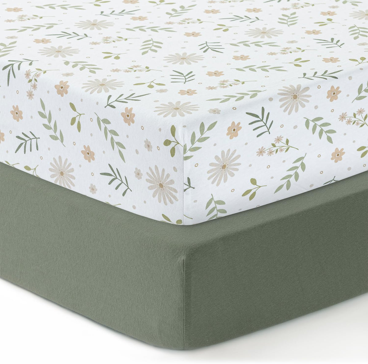 100% Cotton Jersey Fitted Cot Sheet Pack of 2 - Green & Flowers Print - Soft & Breathable Baby Bedding – Fits 140x70cm & 120x60cm Cots