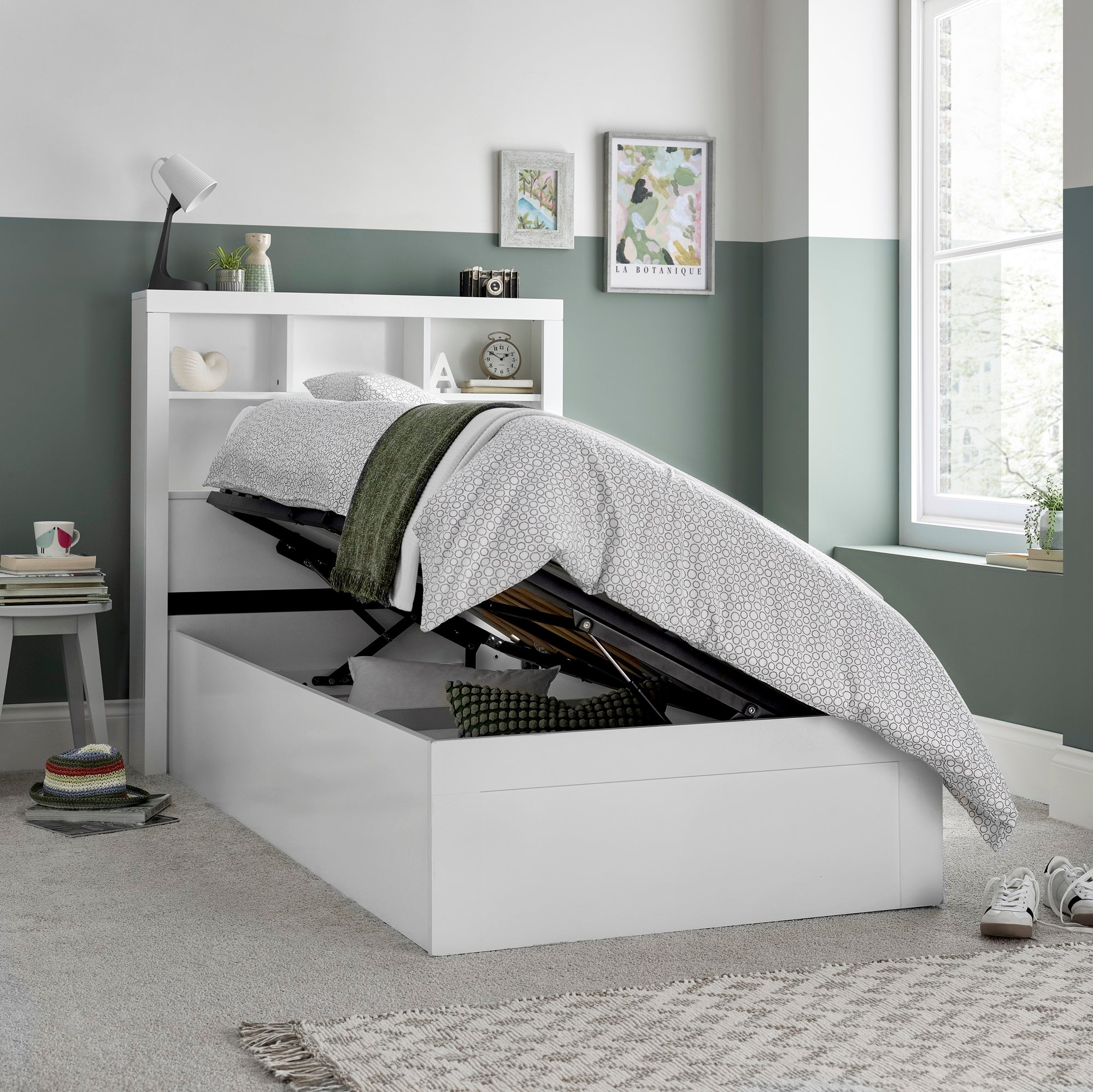 Oscar White Wooden Bookcase Ottoman Storage Bed - 3FT Single