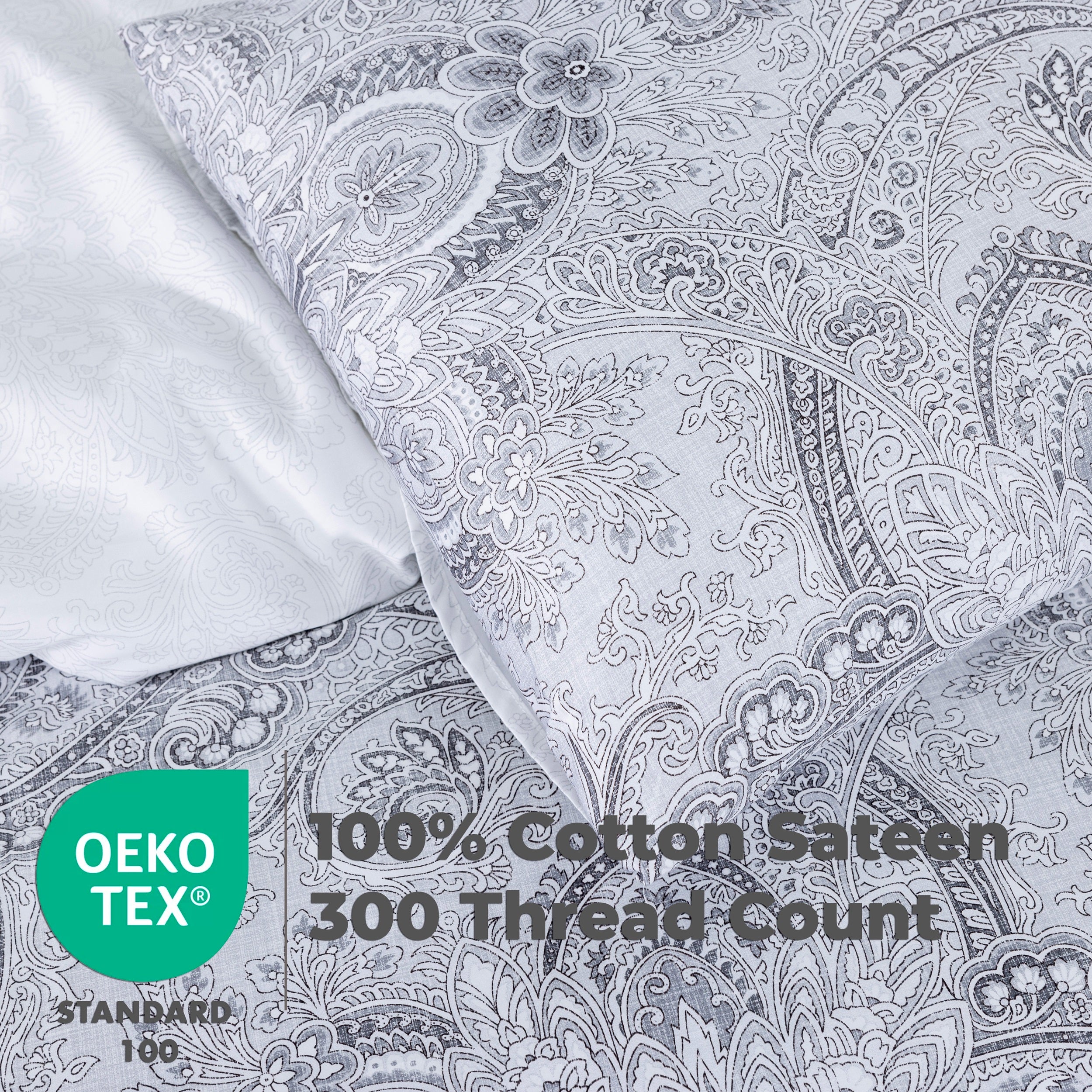 100% Cotton Sateen Printed Duvet Cover Set - 300 Thread Count Luxury Bedding - Ultra Soft & Breathable - 18506