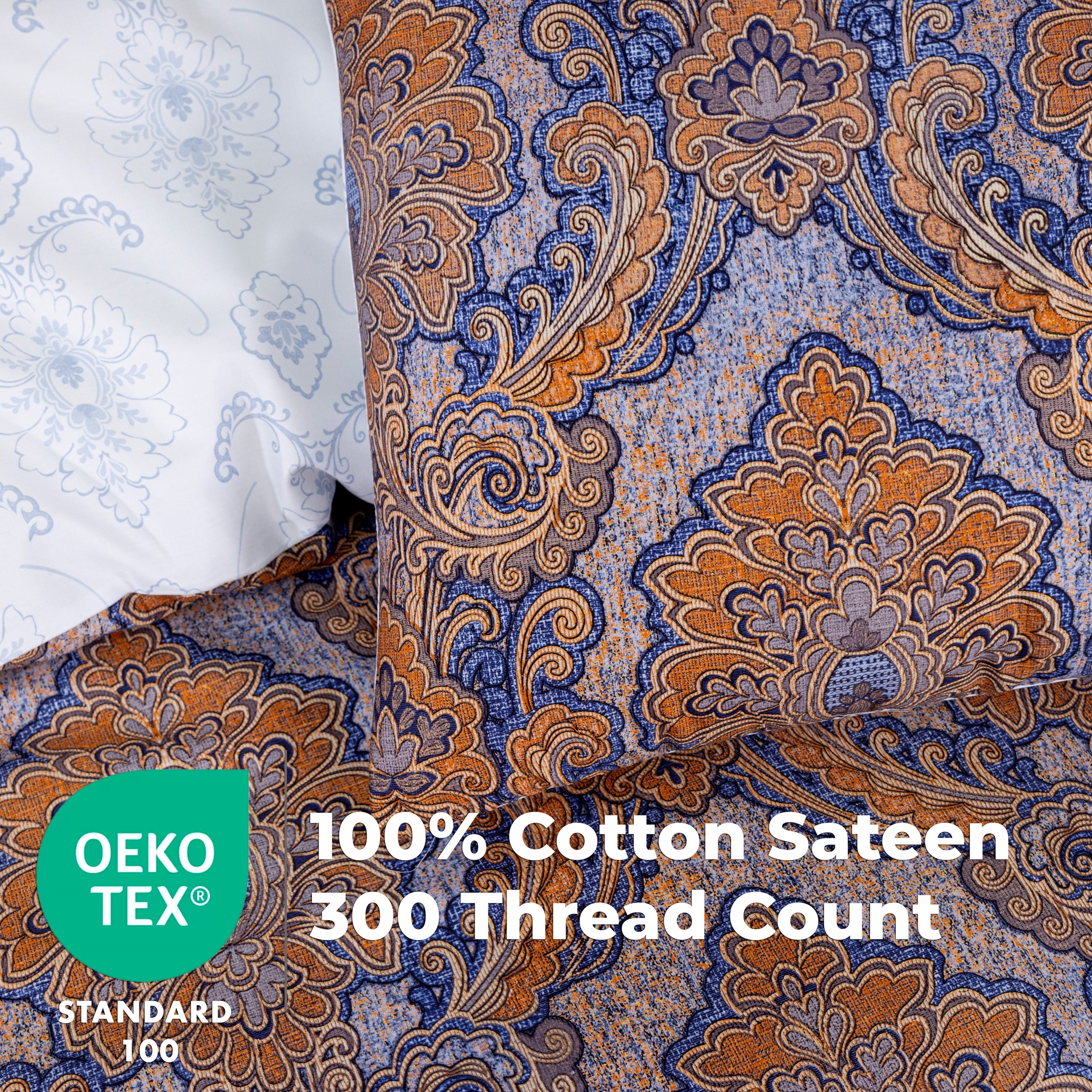 100% Cotton Sateen Printed Duvet Cover Set - 300 Thread Count Luxury Bedding - Ultra Soft & Breathable - 18493