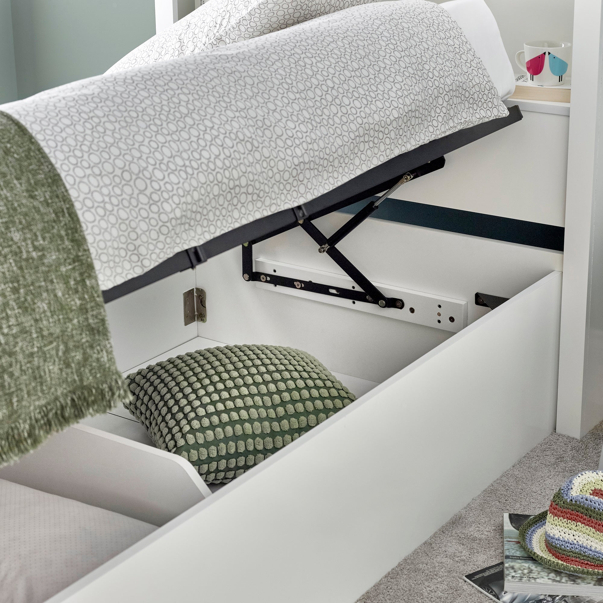 Oscar White Wooden Bookcase Ottoman Storage Bed - 3FT Single