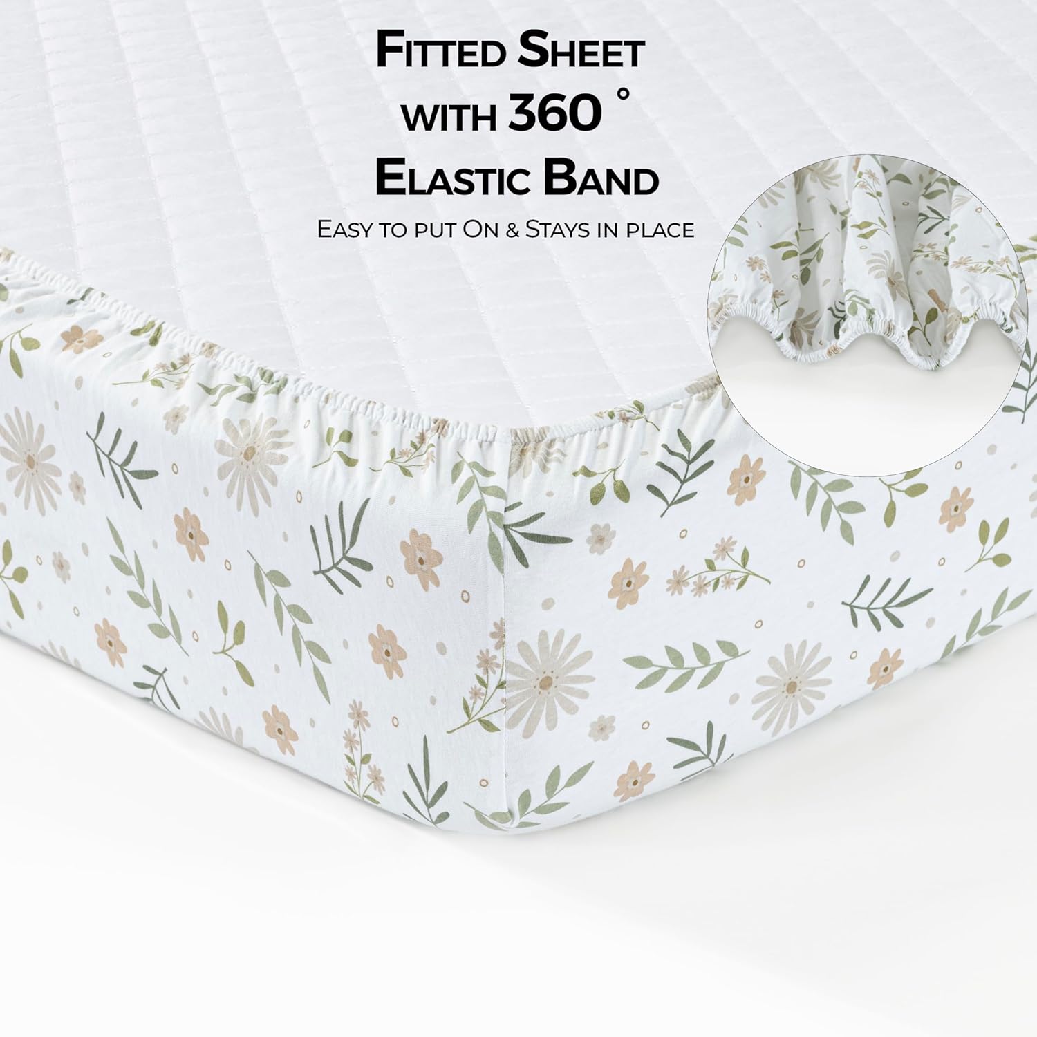 100% Cotton Jersey Fitted Cot Sheet Pack of 2 - Green & Flowers Print - Soft & Breathable Baby Bedding – Fits 140x70cm & 120x60cm Cots