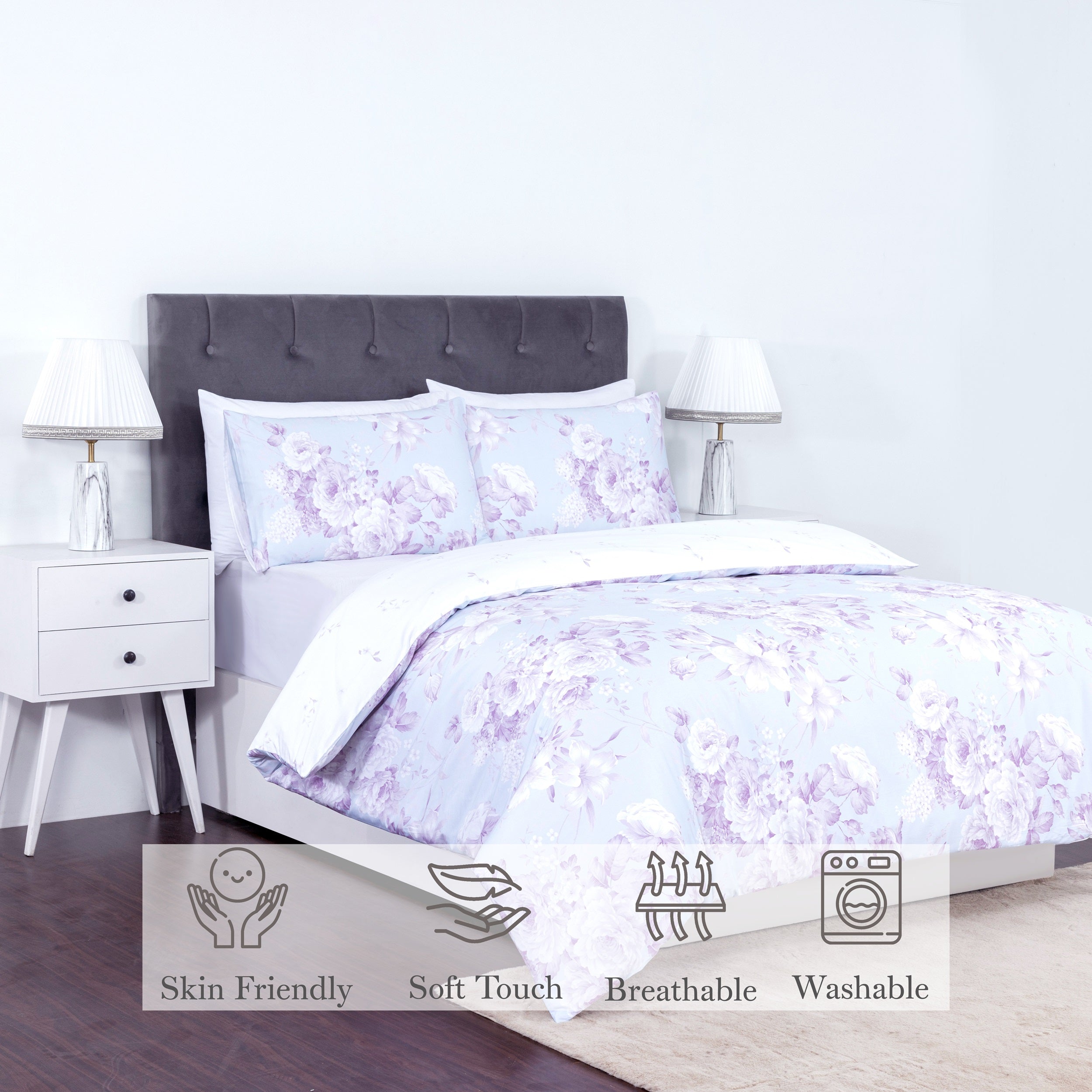 100% Cotton Sateen Printed Duvet Cover Set - 300 Thread Count Luxury Bedding - Ultra Soft & Breathable - Bella Floral