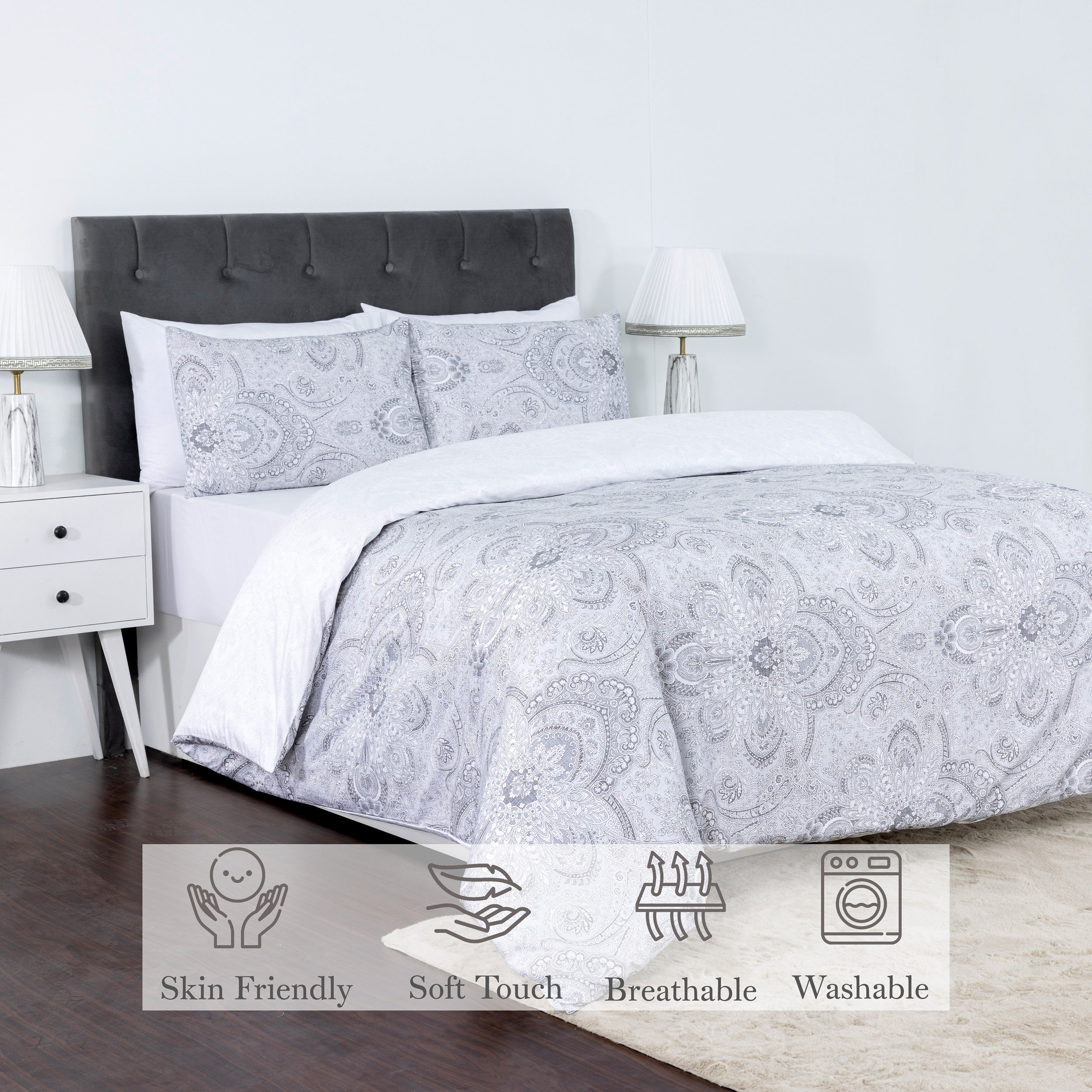 100% Cotton Sateen Printed Duvet Cover Set - 300 Thread Count Luxury Bedding - Ultra Soft & Breathable - 18506