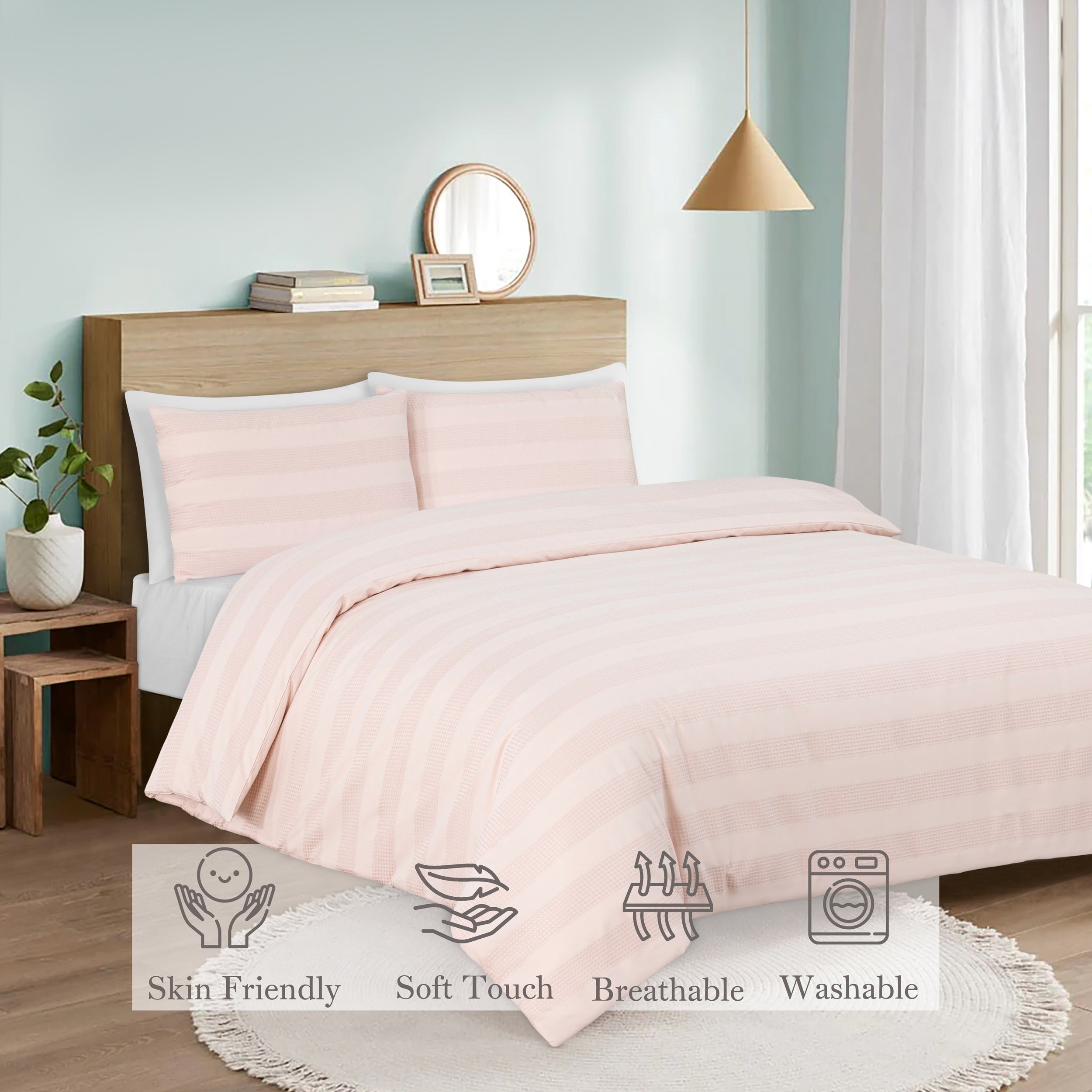 Luxury Waffle Stripe Duvet Cover Set - Soft Polycotton Blend with Button Closure - Stylish & Breathable Bedding in Trendy Colours