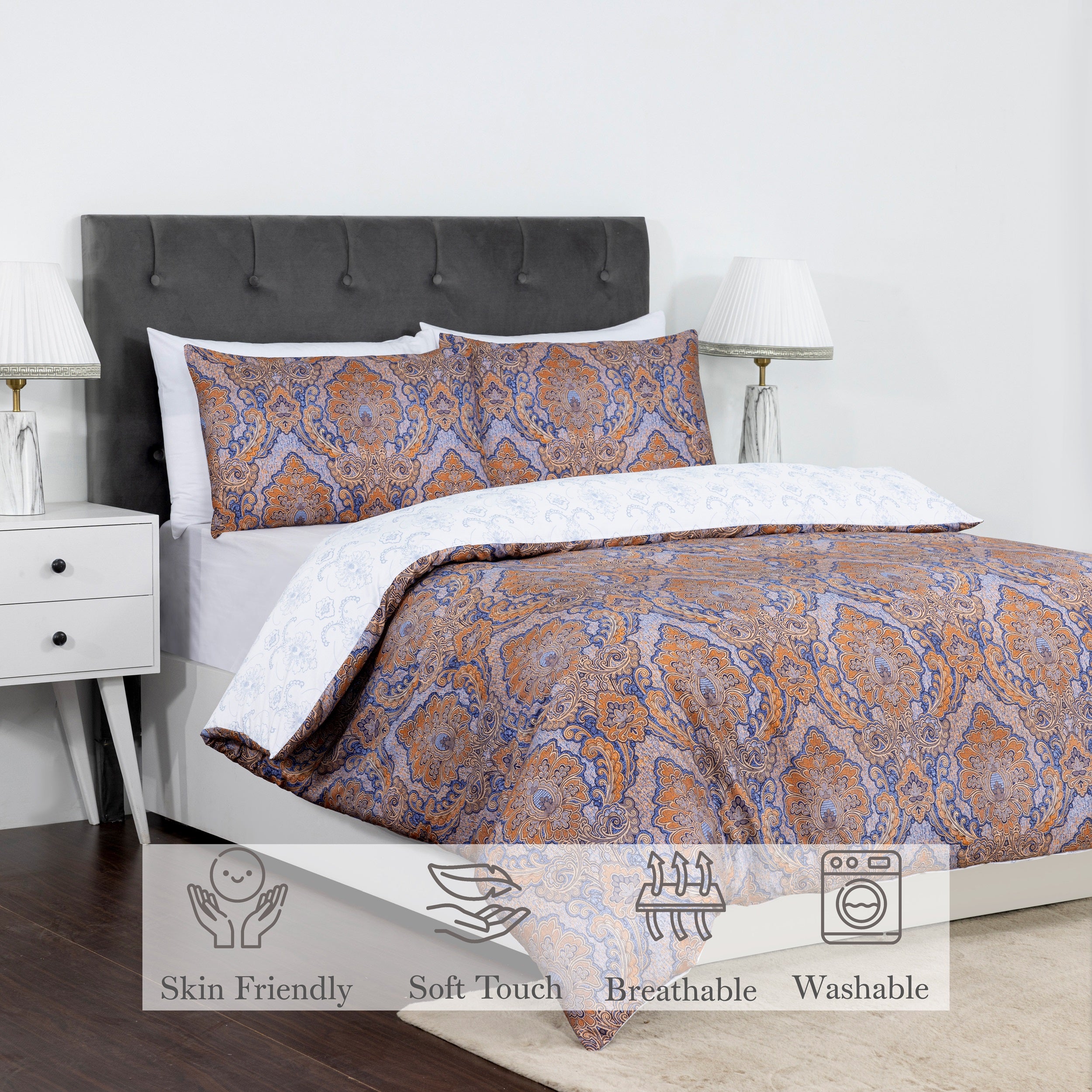 100% Cotton Sateen Printed Duvet Cover Set - 300 Thread Count Luxury Bedding - Ultra Soft & Breathable - 18493