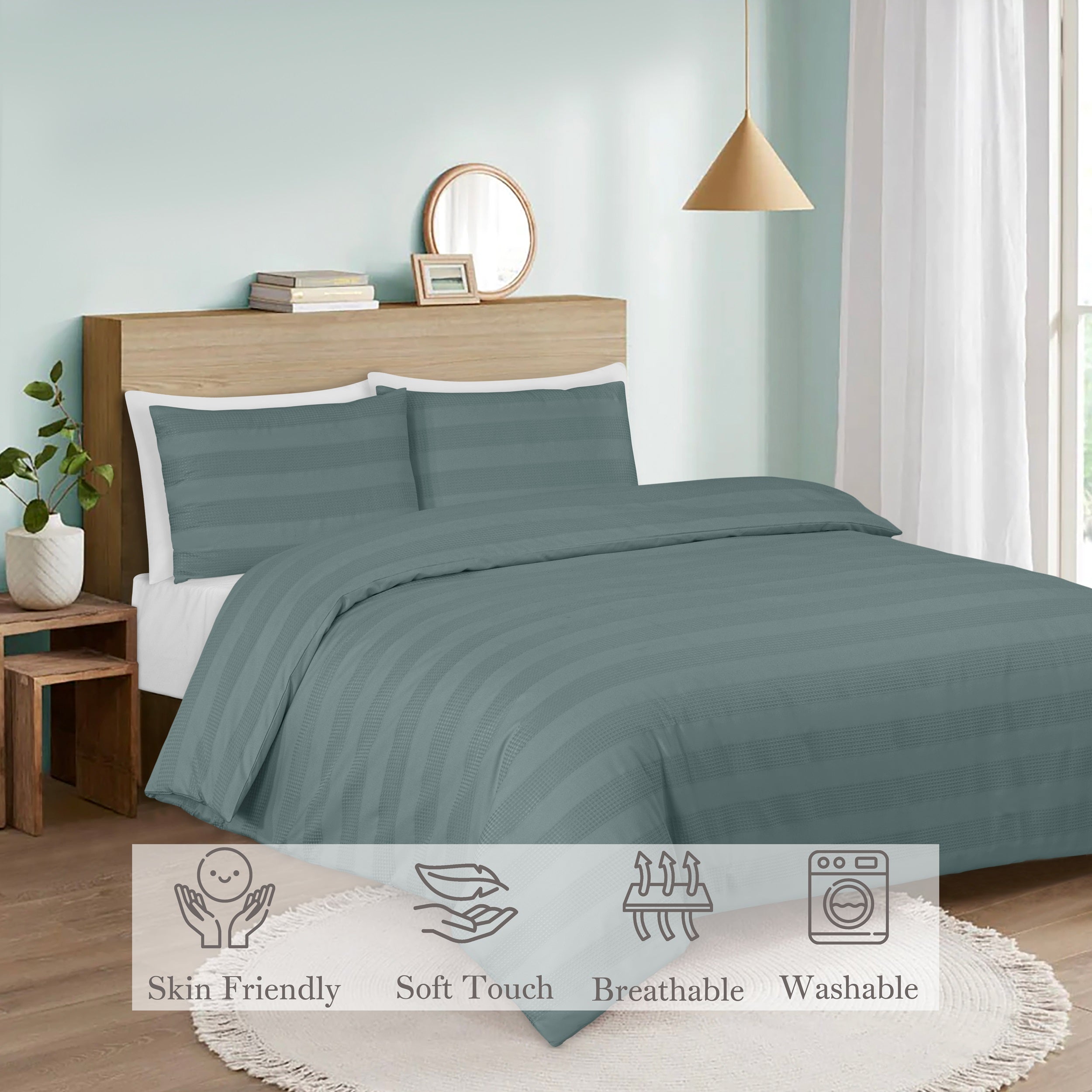 Luxury Waffle Stripe Duvet Cover Set - Soft Polycotton Blend with Button Closure - Stylish & Breathable Bedding in Trendy Colours