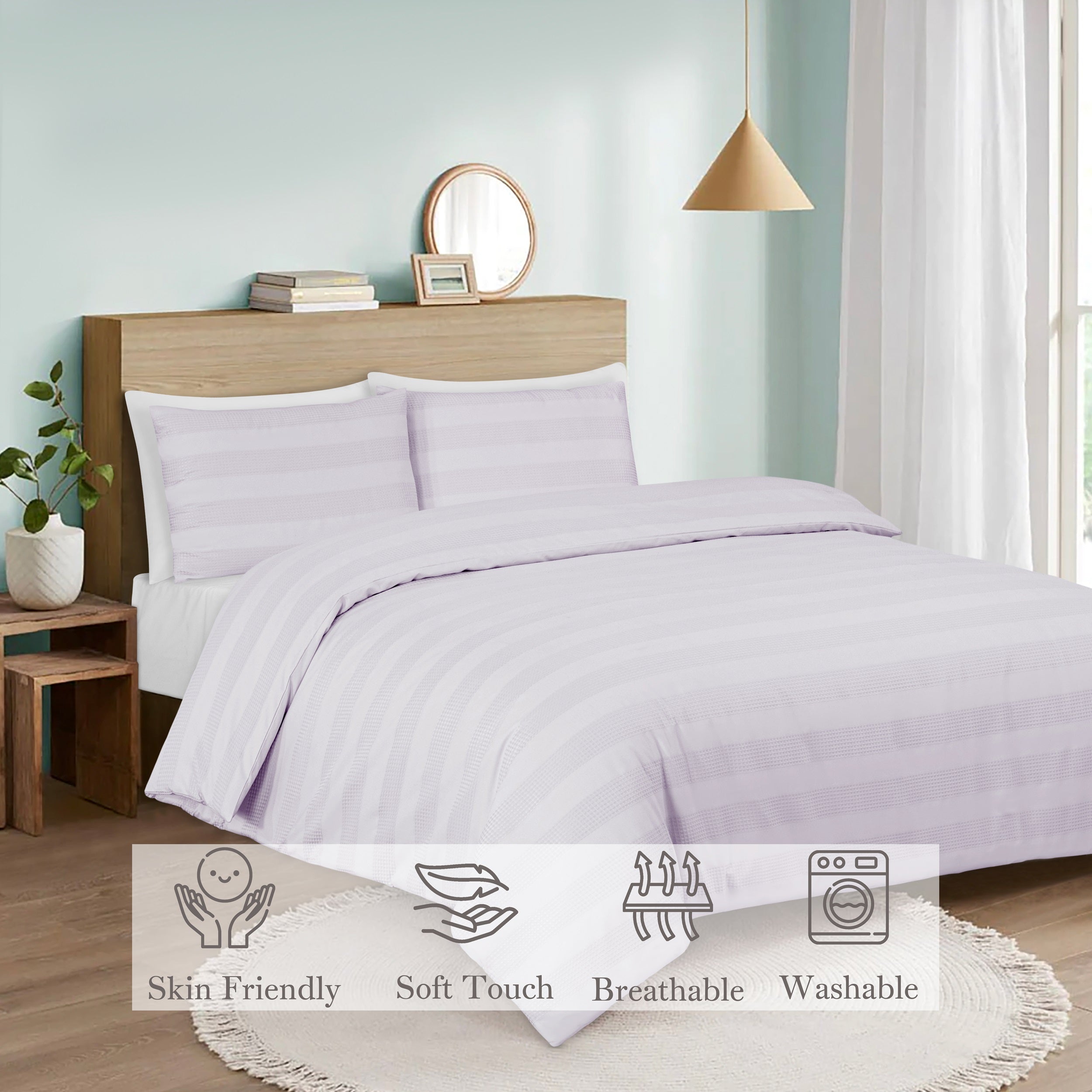 Luxury Waffle Stripe Duvet Cover Set - Soft Polycotton Blend with Button Closure - Stylish & Breathable Bedding in Trendy Colours