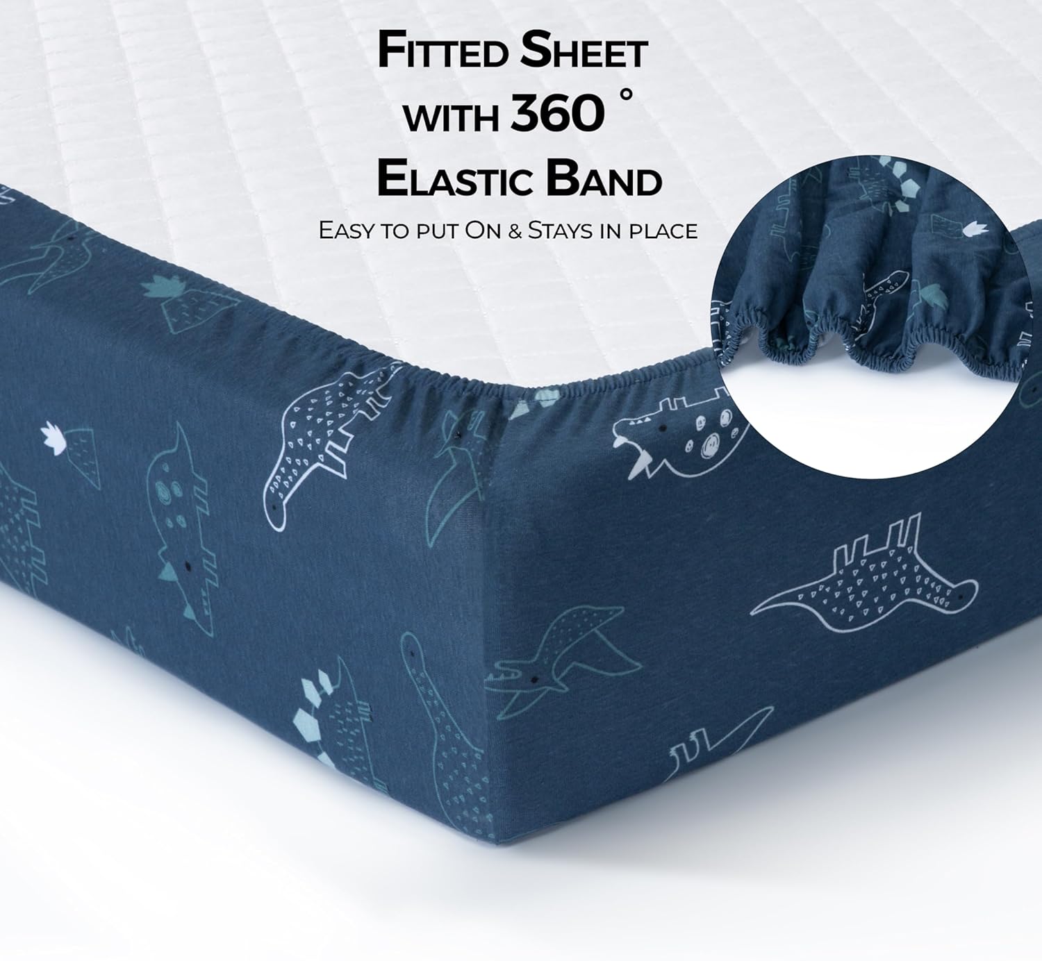 100% Cotton Jersey Fitted Cot Sheet Pack of 2 - Denim Blue & Dino - Soft & Breathable Baby Bedding – Fits 140x70cm & 120x60cm Cots